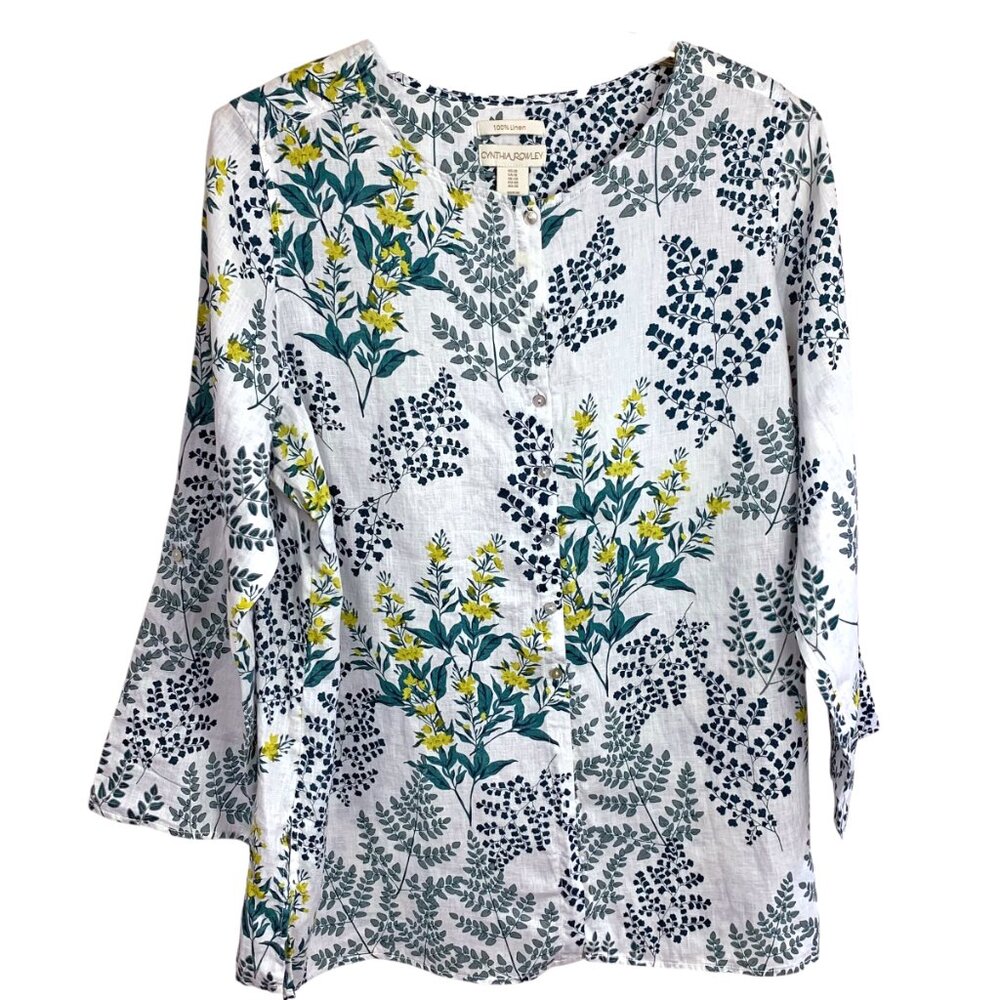 Cynthia Rowley White Linen Floral‎ Garden Print Button Down Tunic - Picture 8 of 8